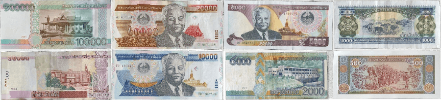 les différents billets du Lao Kip.