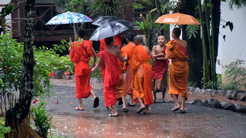 Moines sous la pluie au Laos.